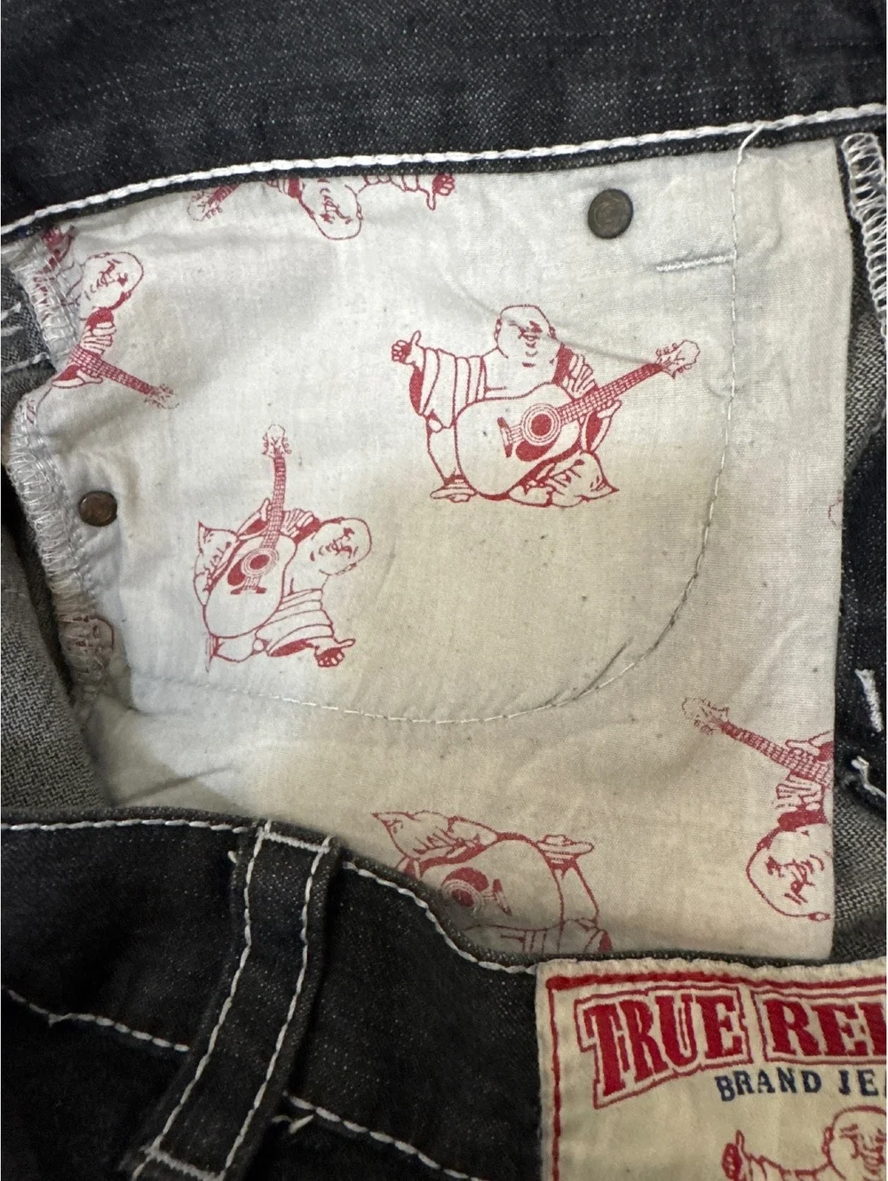 True Religion Black Distressed Denim Jeans with White Stitching